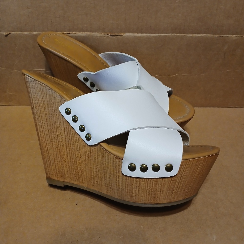 Mossimo Supply Co. Womens Leather Slide Wooden Platform Wedges white Size 8